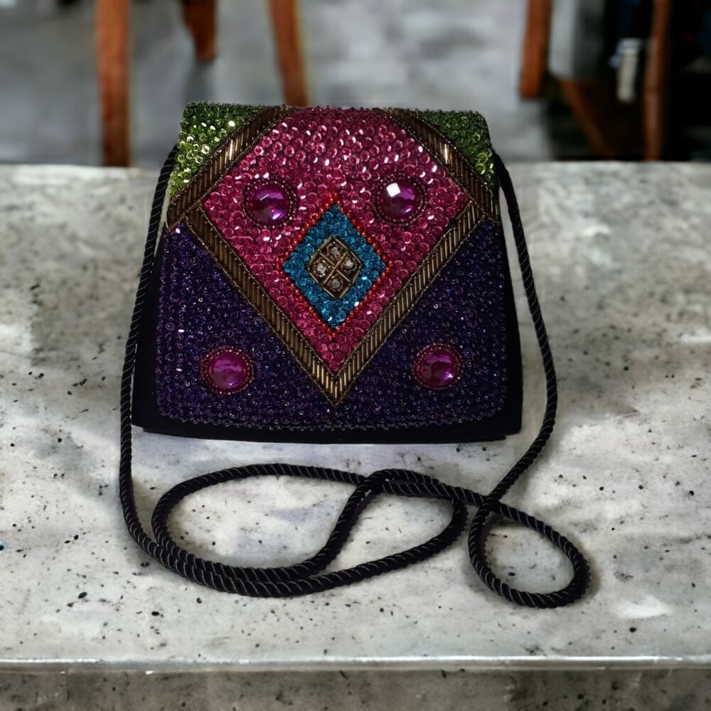 Vintage Holiday Cocktail Crossbody Bag Purse Beaded Sequins Rich Colors